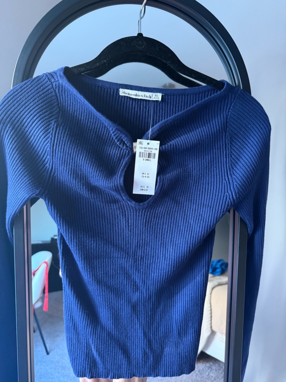 Abercrombie & Fitch Ribbed Navy Long-Sleeve Hardware Keyhole Top